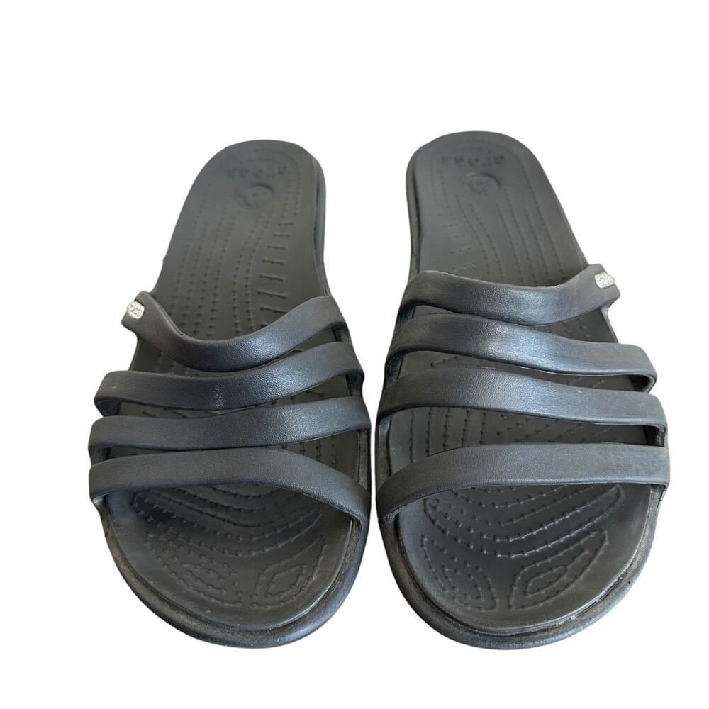 Crocs Women’s Black Rhonda Strappy Wedge Sandal Beach Comfort Travel Size 8 - Picture 2 of 7